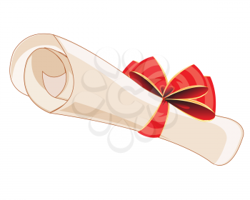Package of the paper decorated by red bow on white background is insulated