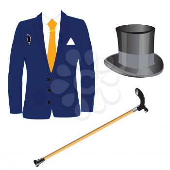 Suit and hat with walking stick on white background is insulated