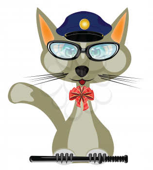 Cartoon of the cat in form of the police bodies on white background