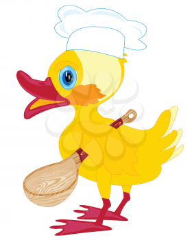 Cartoon duckling cook with spoon on white background