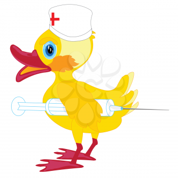 Duckling physician with syringe on white background is insulated