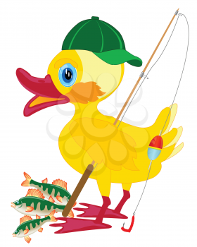Duckling fisherman with fishing rod and catch on white background