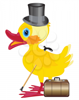 Duckling with cylinder on head and valise on white background