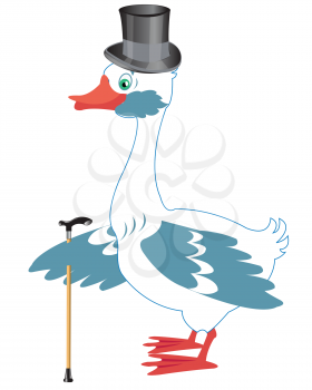 Cartoon goose in hat with walking stick on white background