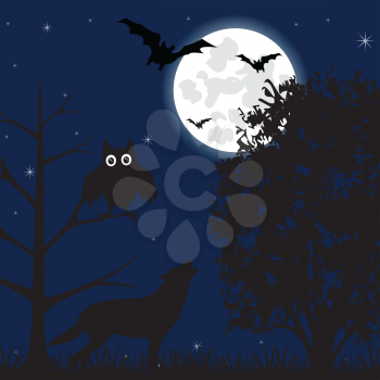 The Moon night in wood in halloween.Vector illustration