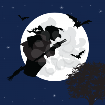 The Moon night and sorceress flying on broom.Vector illustration