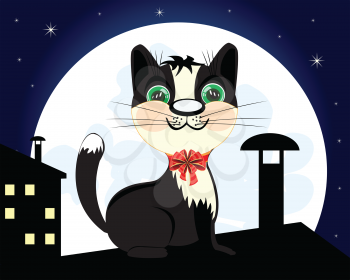 Vector illustration of the cat in the night on roof at moon