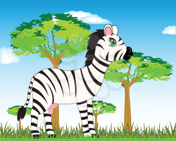 The Cartoon of the zebra on nature in savannah.Vector illustration