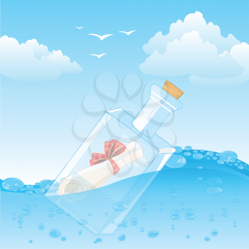 The Glass bottle with note sails on water.Vector illustration