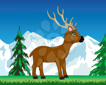 Vector illustration of the wild deer in mountain on glade