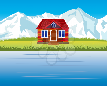 The Landscape with mountain and riverside lodge.Vector illustration