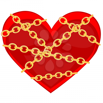Red heart bound by golden chain on white background is insulated