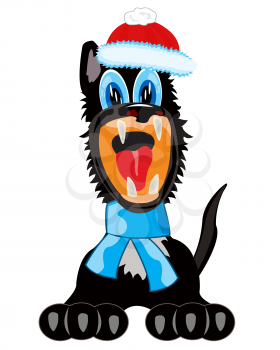 Vector illustration of the dog in scarf and hat on white background