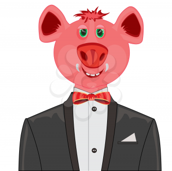 Cartoon piglet in black suit with tie by butterfly