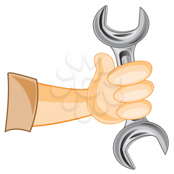Hand of the person with tools wrench on white background