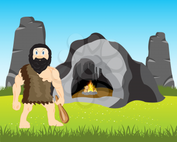 The Cave person with bat beside its vein.Vector illustration