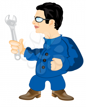 Young man mechanical engineer with wrenches on white background
