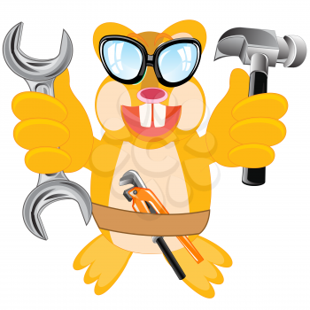 Cartoon merry animal beaver with tools on white background is insulated
