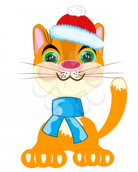 Redhead cat in hat and scarf on white background is insulated