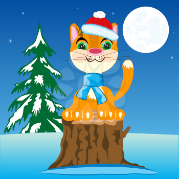 The New years cat in in winter wood in the night.Vector illustration