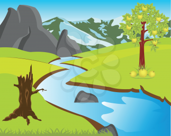 The Beautiful landscape with river and glade.Vector illustration