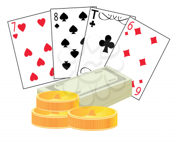 Playing cards and money on white background is insulated