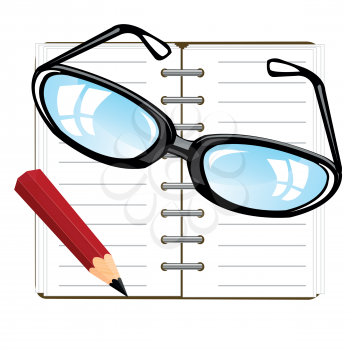 Open note pad and pencil with spectacles on white background