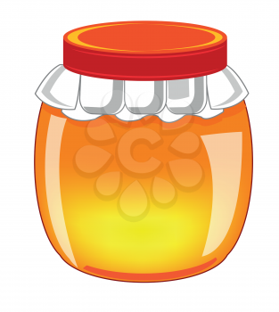 Glass bank with honey on white background is insulated