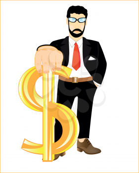 Man in suit with sign dollar in hand on white background