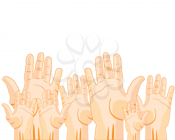 Hands of the people stretched upwards on white background is insulated