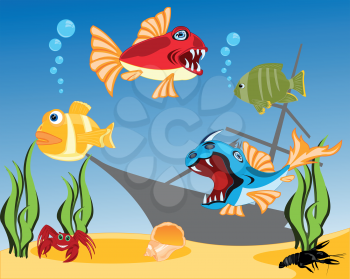 Vector illustration of tropical fish and bottom of the ocean