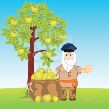 Horticulturist collects harvest an apple in bag,Vector illustration
