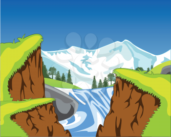 Vector illustration of the canyon and waterfall in mountain