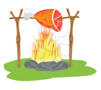 The Meat ham on fire campfires in field condition.Vector illustration