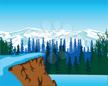 The Beautiful winter landscape with mountain and wood.Vector illustration