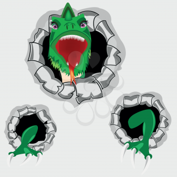 The Green dragon peers out torn hole in wall.Vector illustration