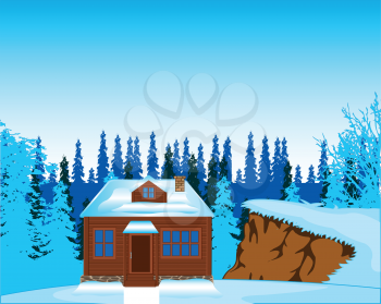The Small lodge on glade in wood in winter.Vector illustration