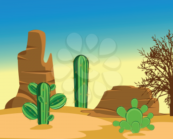 The Prickly cactuses in hot desert amongst song.Vector illustration