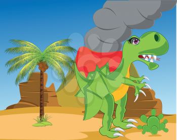 The Prehistorical dinosaur in desert with acting vulcan.Vector illustration