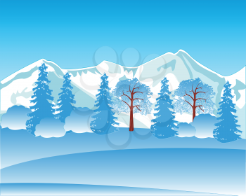 The Winter landscape with mountain and wood.Vector illustration
