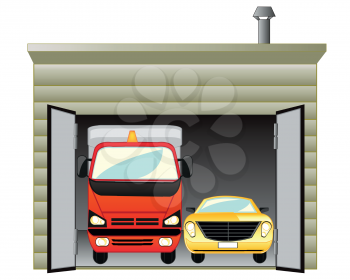 The Open garage with two cars inwardly.Vector illustration