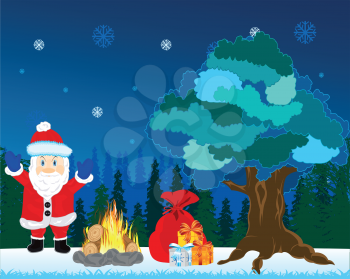 Santa Claus in the night beside campfires with gift.Vector illustration