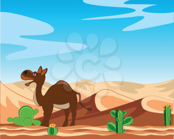 The Desert with cactus and animal camel.Vector illustration