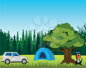 The Tent and car on year glade.Vector illustration