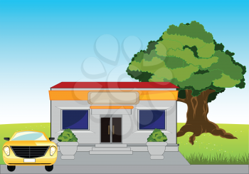The Small shop on road in field.Vector illustration