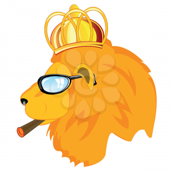 Head animal lion in corona and spectacles on white background