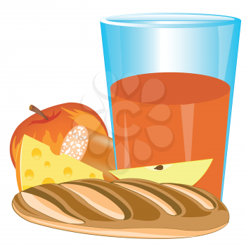Glass of juice and products of the feeding on white background is insulated