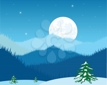 The Moon night in mountain in winter.Vector illustration