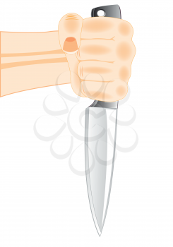 Sharp knife in hand of the person on white background