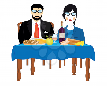 Man and woman sit for covered by table on white background
